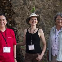 Archaeologists stand in front of ancient wall
