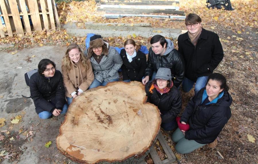 Dendrochronology students kneeling behind large cross section of a tree truck.