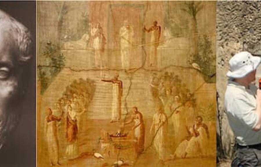 The head of Plotinus; Roman wall-painting of Priests of Isis worshipping, from Herculaneum; and Prof. Manning taking a core sample from a structure.