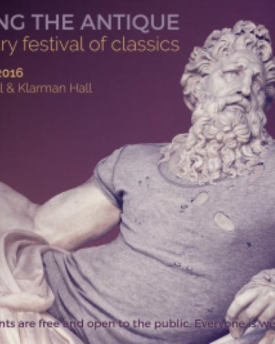 A promotional poster with a reclining marble sculpture, the overlaying text reads Sustaining the Antique: A 21st Century Celebration of the Classics