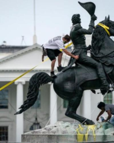 Protesters attempt to pull down the statue of Andrew Jackson in Lafayette Square, near the White House, on June 22, 2020.